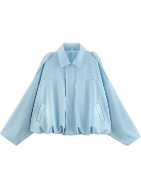 Women's Blue Faux Suede Batwing Sleeve Oversized Cropped Bomber Jacket